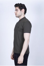 KHAKI COLORED, SHORT SLEEVE, POLO STAND UP T-SHIRT WITH LYCRA