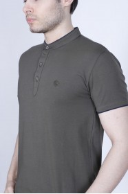 KHAKI COLORED, SHORT SLEEVE, POLO STAND UP T-SHIRT WITH LYCRA