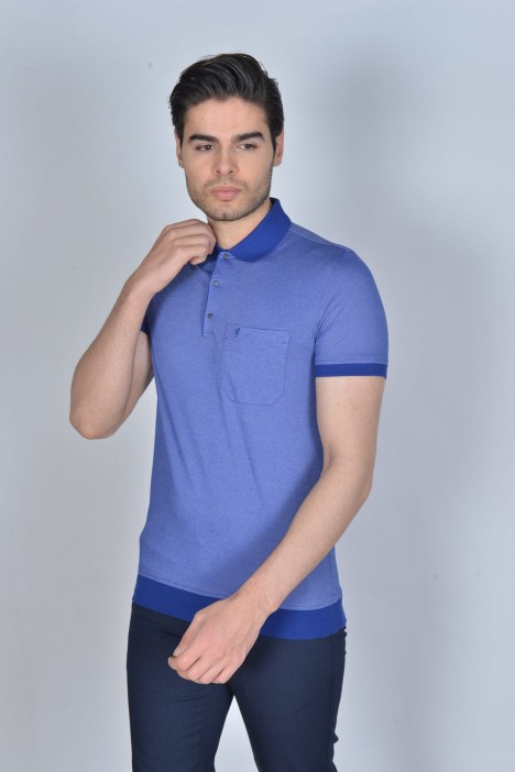 BLUE COLORED, SHORT SLEEVE, MADE OF SPECIAL MERCERIZED FABRIC, POLO COLLAR, SNAP-BUTTON FASTENING , CLASSIC T-SHIRT.