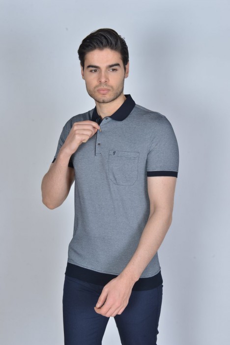 NAVY BLUE COLOR, SHORT SLEEVE, MADE OF SPECIAL MERCERIZED FABRIC, POLO COLLAR, SNAP-BUTTON FASTENING , CLASSIC T-SHIRT.