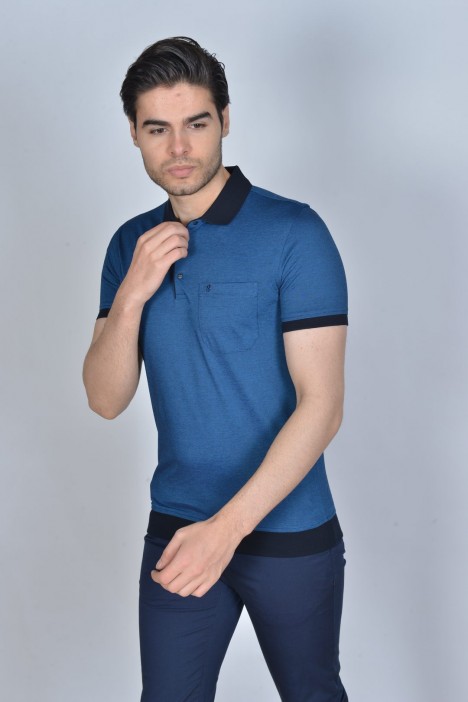 DARK BLUE COLOR, SHORT SLEEVE, MADE OF SPECIAL MERCERIZED FABRIC, POLO COLLAR, SNAP-BUTTON FASTENING , CLASSIC T-SHIRT.