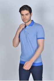 ICE BLUE COLOR, SHORT SLEEVE, MADE OF SPECIAL MERCERIZED FABRIC, POLO COLLAR, SNAP-BUTTON FASTENING , CLASSIC T-SHIRT.