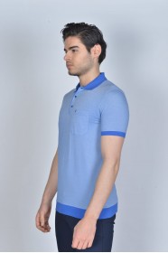 ICE BLUE COLOR, SHORT SLEEVE, MADE OF SPECIAL MERCERIZED FABRIC, POLO COLLAR, SNAP-BUTTON FASTENING , CLASSIC T-SHIRT.