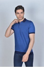 INDIGO COLORED, SHORT SLEEVE, MADE OF SPECIAL MERCERIZED FABRIC, POLO COLLAR, SNAP-BUTTON FASTENING , CLASSIC T-SHIRT.