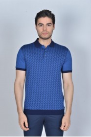 INDIGO COLORED, SHORT SLEEVE, MADE OF SPECIAL MERCERIZED FABRIC, POLO COLLAR, SNAP-BUTTON FASTENING , CLASSIC T-SHIRT.