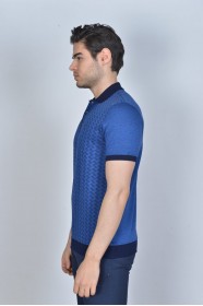 INDIGO COLORED, SHORT SLEEVE, MADE OF SPECIAL MERCERIZED FABRIC, POLO COLLAR, SNAP-BUTTON FASTENING , CLASSIC T-SHIRT.