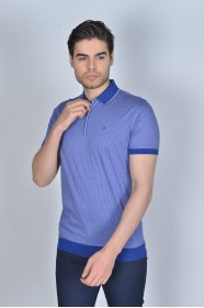 BLUE COLORED, SHORT SLEEVE, MADE OF SPECIAL MERCERIZED FABRIC, POLO COLLAR, SNAP-BUTTON FASTENING , CLASSIC T-SHIRT.