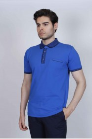 SHORT SLEEVE POLO COLLAR COTTON T-SHIRT. SAX-BLUE