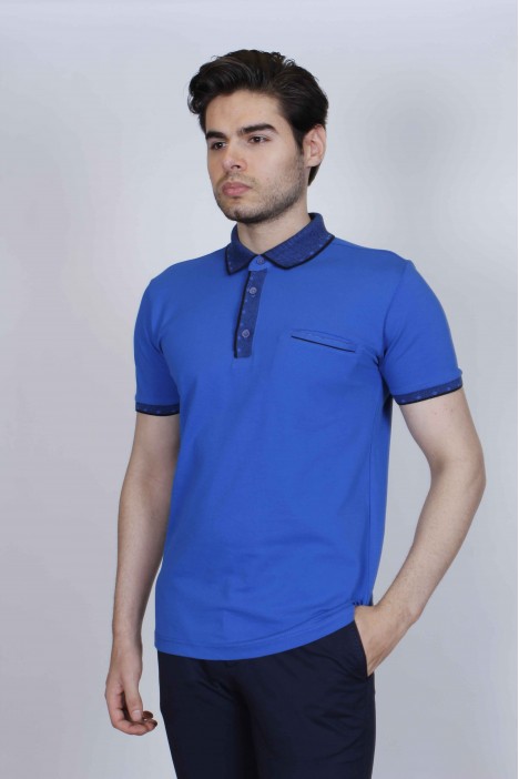 SHORT SLEEVE POLO COLLAR COTTON T-SHIRT. SAX-BLUE