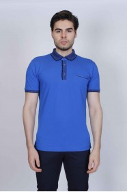 SHORT SLEEVE POLO COLLAR COTTON T-SHIRT. SAX-BLUE