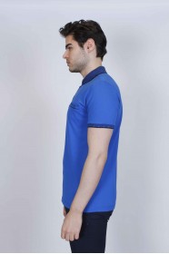 SHORT SLEEVE POLO COLLAR COTTON T-SHIRT. SAX-BLUE