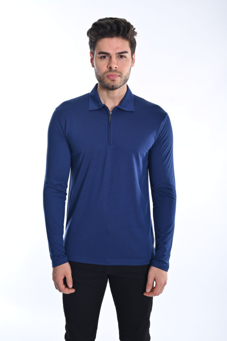 ﻿﻿ Uzun Kol Polo Yaka T-Shirt Açık Lacivert