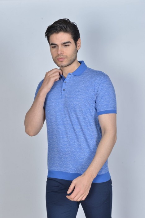 LIGHT BLUE COLORED, SHORT SLEEVE, MADE OF SPECIAL MERCERIZED FABRIC, POLO COLLAR, SNAP-BUTTON FASTENING , CLASSIC T-SHIRT.