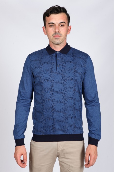 INDIGO COLOR LONG SLEEVE MERCERIZED POLO TSHIRT