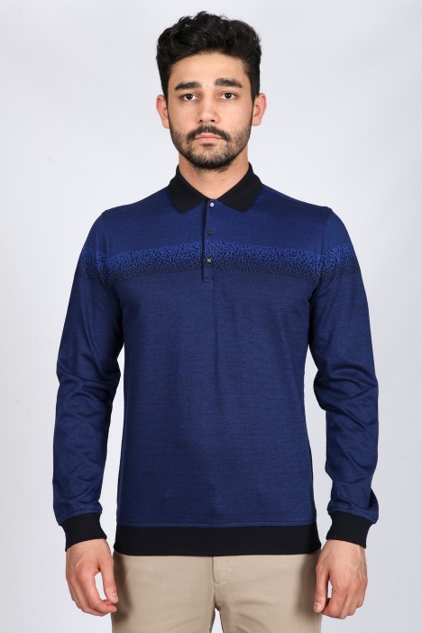INDIGO COLOR LONG SLEEVE MERCERIZED POLO TSHIRT