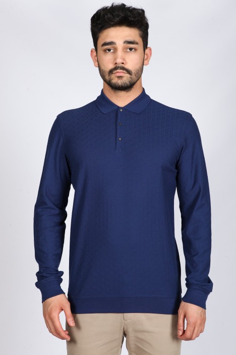 INDIGO COLOR LONG SLEEVE MERCERIZED POLO TSHIRT