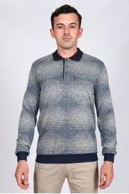 ﻿Long Sleeve Polo Neck T-Shirt Dark Indigo-Light Grey