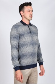 ﻿Long Sleeve Polo Neck T-Shirt Dark Indigo-Light Grey