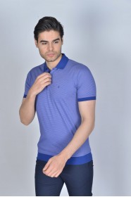 BLUE COLORED, SHORT SLEEVE, MADE OF SPECIAL MERCERIZED FABRIC, POLO COLLAR, SNAP-BUTTON FASTENING , CLASSIC T-SHIRT.