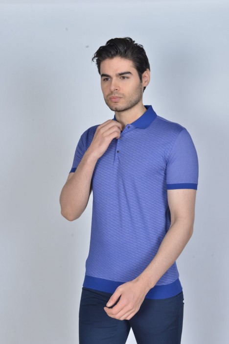 BLUE COLORED, SHORT SLEEVE, MADE OF SPECIAL MERCERIZED FABRIC, POLO COLLAR, SNAP-BUTTON FASTENING , CLASSIC T-SHIRT.