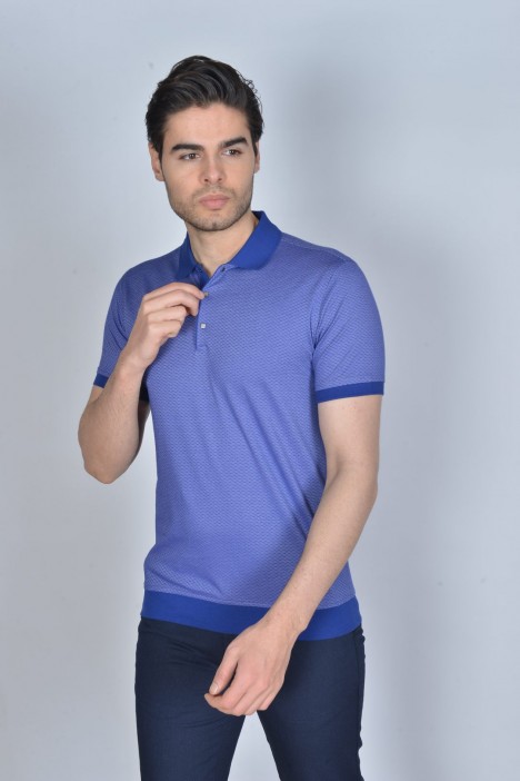 BLUE COLORED, SHORT SLEEVE, MADE OF SPECIAL MERCERIZED FABRIC, POLO COLLAR, SNAP-BUTTON FASTENING , CLASSIC T-SHIRT.