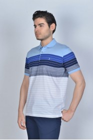 BLUE COLORED, SHORT SLEEVE, MADE OF SPECIAL MERCERIZED FABRIC, POLO COLLAR, SNAP-BUTTON FASTENING , CLASSIC T-SHIRT.