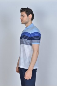 BLUE COLORED, SHORT SLEEVE, MADE OF SPECIAL MERCERIZED FABRIC, POLO COLLAR, SNAP-BUTTON FASTENING , CLASSIC T-SHIRT.