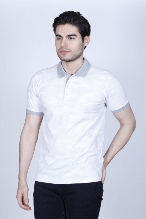 GRAY/ WHITE COLOR SHORT SLEEVE POLO NECK COTTON T-SHIRT