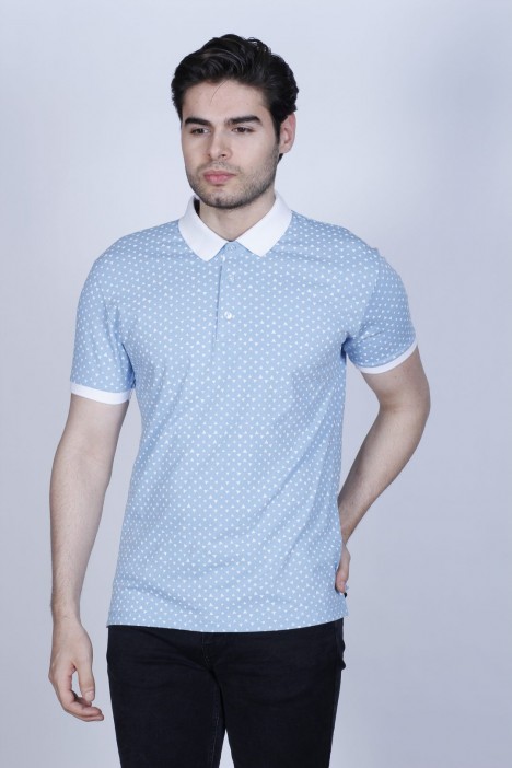 WHITE / LIGHT BLUE COLOR SHORT SLEEVE POLO NECK COTTON T-SHIRT