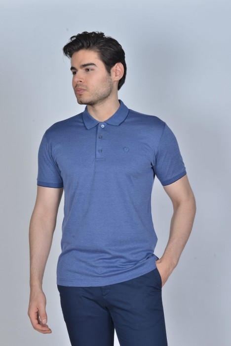 LIGHT MARINE COLOR SHORT SLEEVE POLO NECK MERCERIZED T-SHIRT