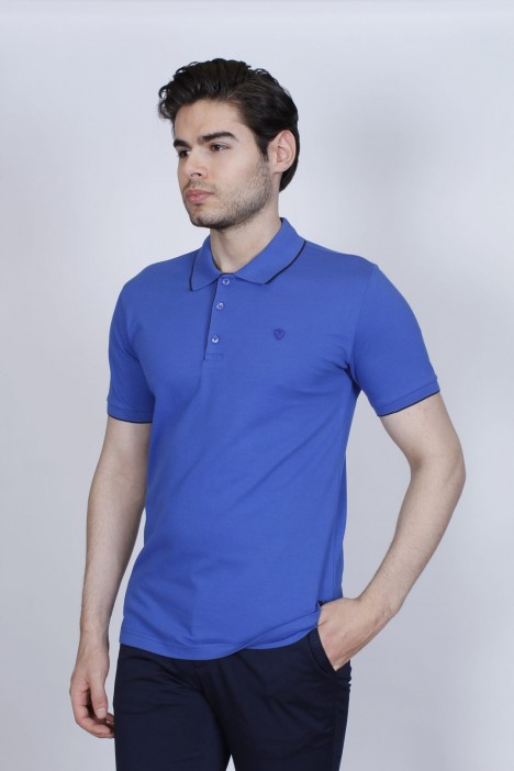 SAX BLUE COLORED, SHORT SLEEVE, COTTON PIKE T-SHIRT WITH LOGO ON THE CHEST
