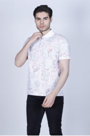 WHITE-GRAY COLORED SHORT SLEEVE ASYMMETRIC PATTERNED SUPREME POLO COLLAR T-SHIRT