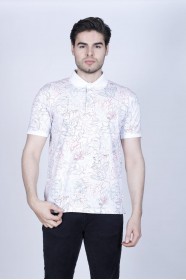 WHITE-GRAY COLORED SHORT SLEEVE ASYMMETRIC PATTERNED SUPREME POLO COLLAR T-SHIRT