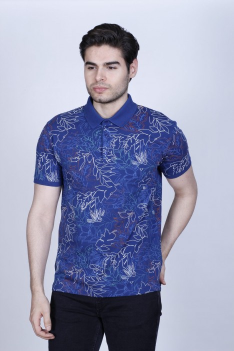 MARINE-MINT COLORED SHORT SLEEVE ASYMMETRIC PRINTED SUPREM POLO COLLAR T-SHIRT