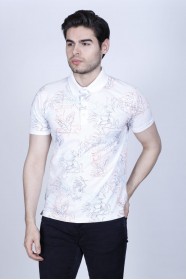 WHITE-MINTUASE COLORED SHORT SLEEVE ASYMMETRIC PRINTED SUPREM POLO COLLAR T-SHIRT