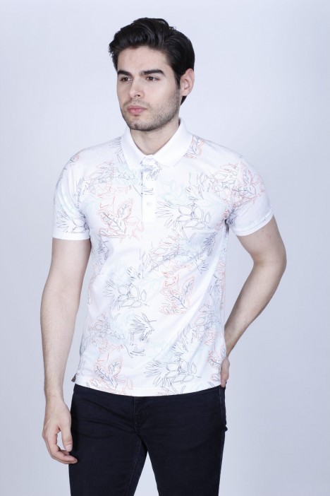 WHITE-MINTUASE COLORED SHORT SLEEVE ASYMMETRIC PRINTED SUPREM POLO COLLAR T-SHIRT