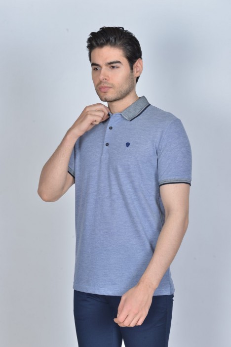 Short Sleeve Oxford Pique fabric Polo Neck T-Shirt. Navy Blue