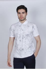 WHITE-GRAY COLORED, SHORT SLEEVE, ASYMMETRIC PATTERNED, COTTON AND LYCRA BLENDED, POLO COLLAR T-SHIRT