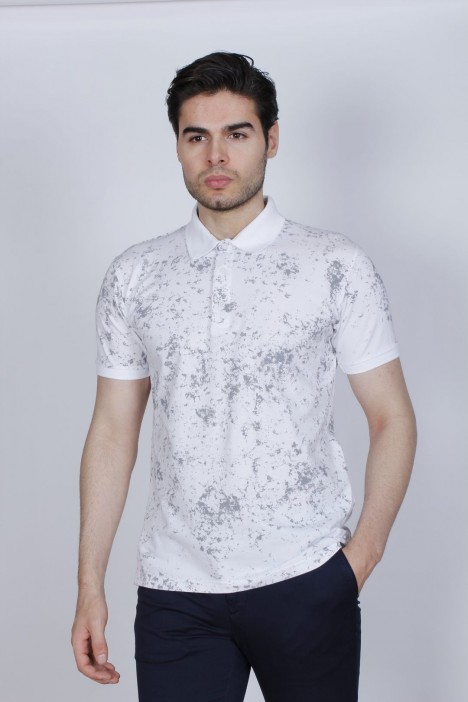 WHITE-GRAY COLORED, SHORT SLEEVE, ASYMMETRIC PATTERNED, COTTON AND LYCRA BLENDED, POLO COLLAR T-SHIRT