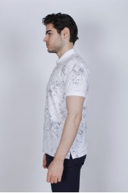 WHITE-GRAY COLORED, SHORT SLEEVE, ASYMMETRIC PATTERNED, COTTON AND LYCRA BLENDED, POLO COLLAR T-SHIRT