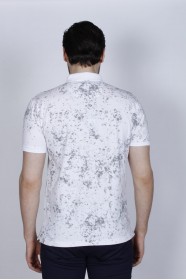 WHITE-GRAY COLORED, SHORT SLEEVE, ASYMMETRIC PATTERNED, COTTON AND LYCRA BLENDED, POLO COLLAR T-SHIRT