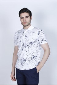 WHITE-NAVY BLUE COLORED, SHORT SLEEVE, ASYMMETRIC PATTERNED, COTTON AND LYCRA BLENDED, POLO COLLAR T-SHIRT