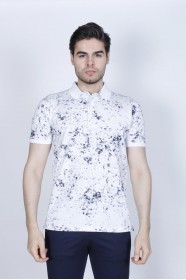 WHITE-NAVY BLUE COLORED, SHORT SLEEVE, ASYMMETRIC PATTERNED, COTTON AND LYCRA BLENDED, POLO COLLAR T-SHIRT