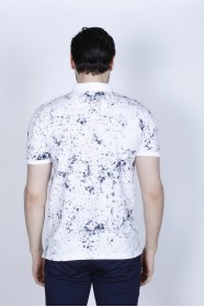 WHITE-NAVY BLUE COLORED, SHORT SLEEVE, ASYMMETRIC PATTERNED, COTTON AND LYCRA BLENDED, POLO COLLAR T-SHIRT