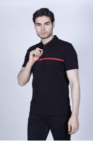 BLACK COLOR, SHORT SLEEVE, ASYMMETRIC PATTERNED, COTTON AND LYCRA BLENDED, POLO COLLAR T-SHIRT