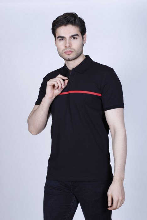 BLACK COLOR, SHORT SLEEVE, ASYMMETRIC PATTERNED, COTTON AND LYCRA BLENDED, POLO COLLAR T-SHIRT