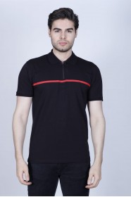 BLACK COLOR, SHORT SLEEVE, ASYMMETRIC PATTERNED, COTTON AND LYCRA BLENDED, POLO COLLAR T-SHIRT