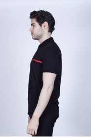 BLACK COLOR, SHORT SLEEVE, ASYMMETRIC PATTERNED, COTTON AND LYCRA BLENDED, POLO COLLAR T-SHIRT