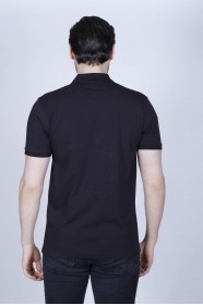 BLACK COLOR, SHORT SLEEVE, ASYMMETRIC PATTERNED, COTTON AND LYCRA BLENDED, POLO COLLAR T-SHIRT