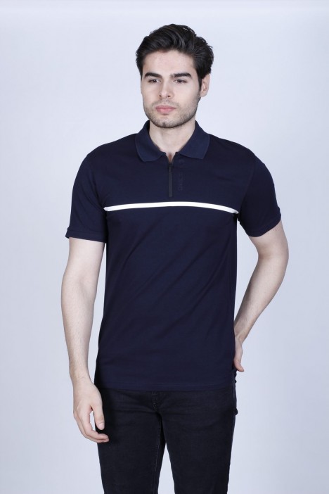 NAVY BLUE COLOR, SHORT SLEEVE, ASYMMETRIC PATTERNED, COTTON AND LYCRA BLENDED, POLO COLLAR T-SHIRT